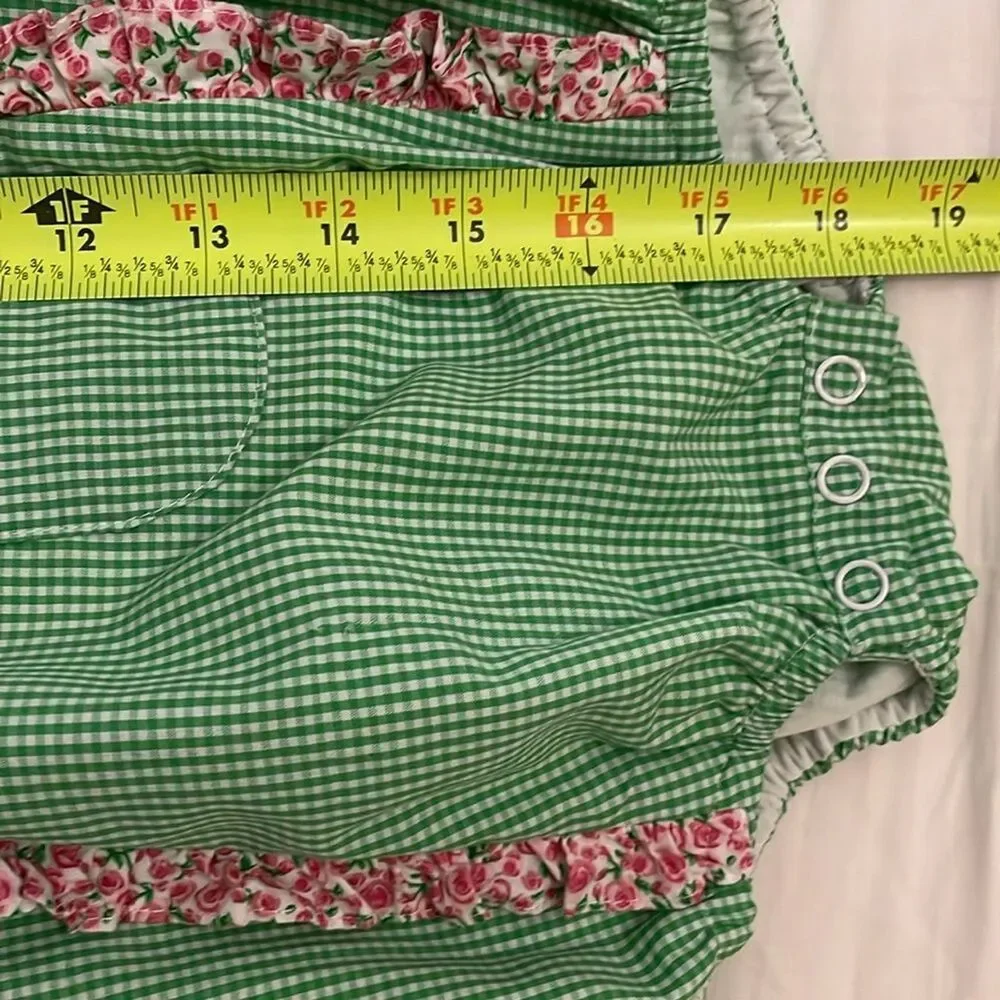 Baby Sen by Remember Nguyen Green Gingham Romper Size 18M Floral Ruffles